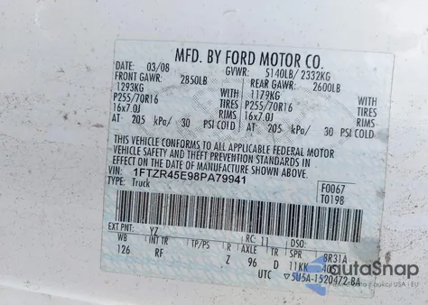 2008 Ford Ranger Fx4 Off-Road/Sport/Xlt из США, поврежденный, VIN 1FTZR45E98PA79941